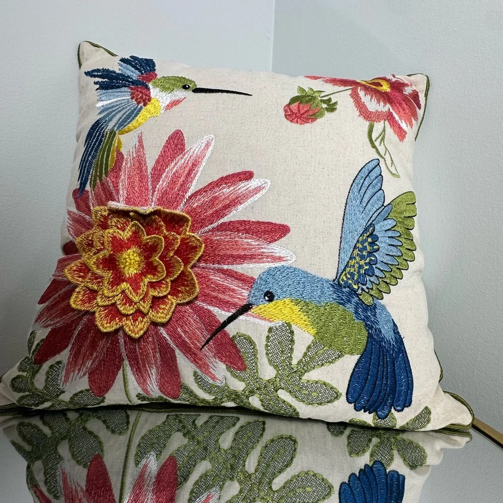 Pier 1 Decorative Embroidered Hummingbird Summer Tropical Throw Pillow - Picture 8 of 13